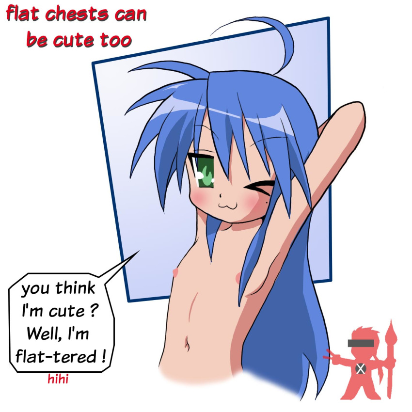 ;3 belly blue_hair blush erect_nipples flat_chest green_eyes hair konata_izumi long_hair lucky_star mole navel nipples nude wink x-mangaka