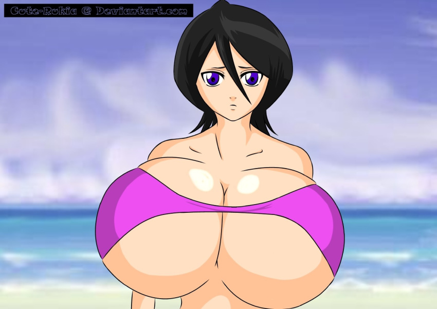 beach big_breasts bikini black_hair bleach blue_eyes breasts cleavage cute-rukia kuchiki_rukia rukia_kuchiki swimsuit