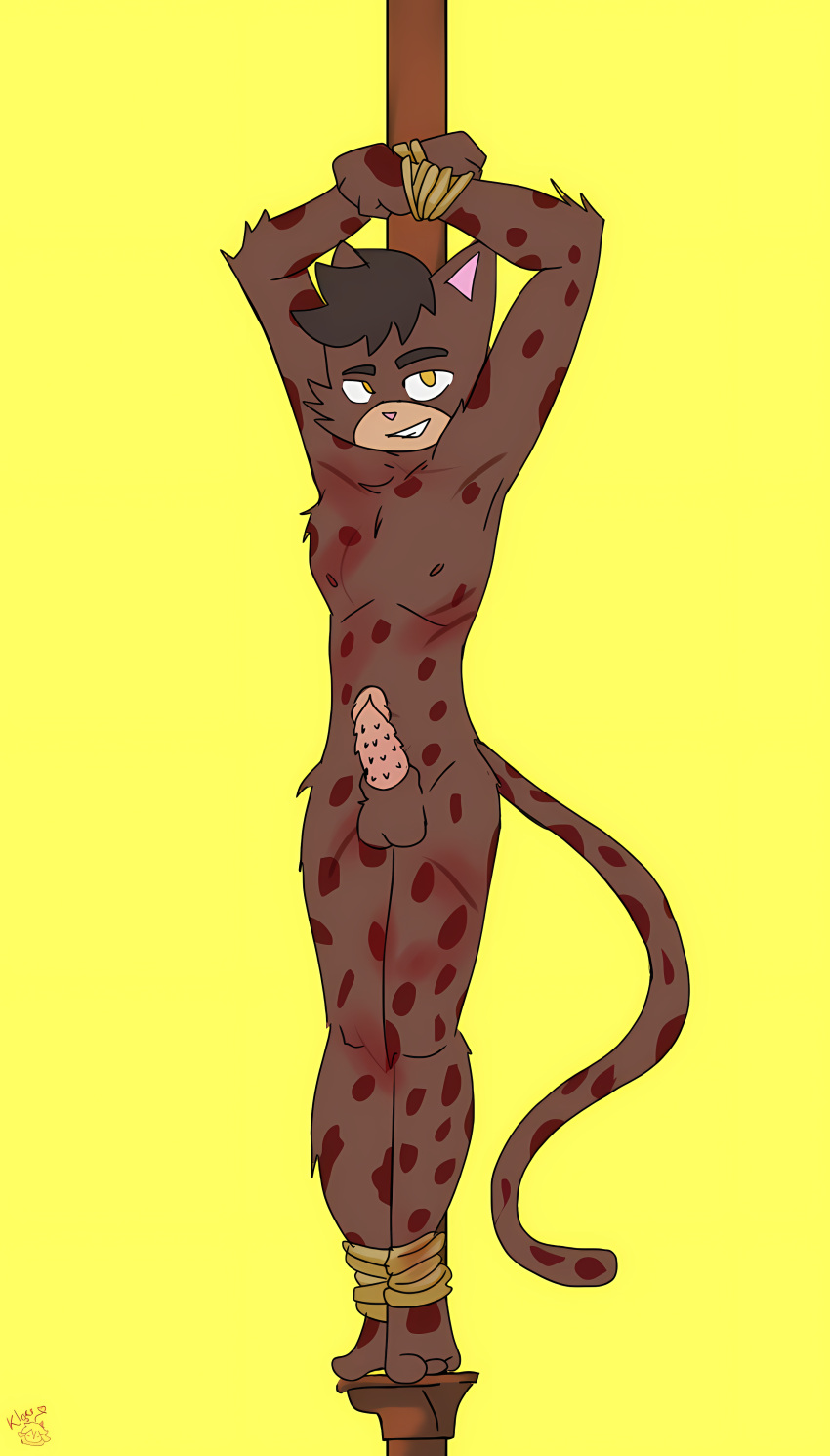 1girl alone black_hair boy brown_fur erect_penis erection feet feet_tied feet_together fur furry furry_male furry_only hands_tied_above_head hands_up kidnapped kidnapped_male naked_male nude oc original_character pain penis penis punishment renato_atiq_carter_furry rope slave smile spots spotted_fur step_pose tied tied_to_pole tied_up whip_marks whipped yaoi yellow_eyes young young_man