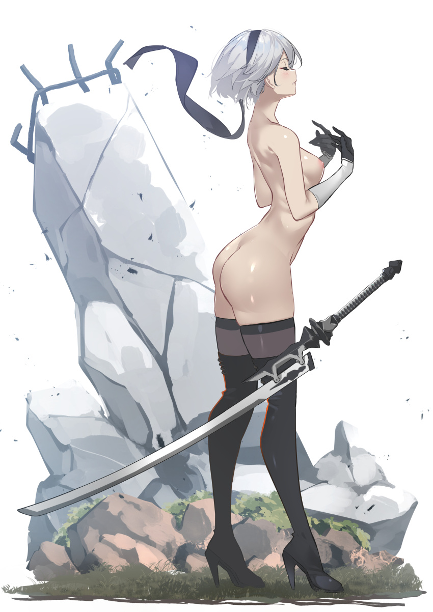 alluring ass clothing footwear high_heels high_resolution nier:_automata nier_(series) nipples nude shoes stockings sword sydusarts very_high_resolution weapon yorha_no._2_type_b