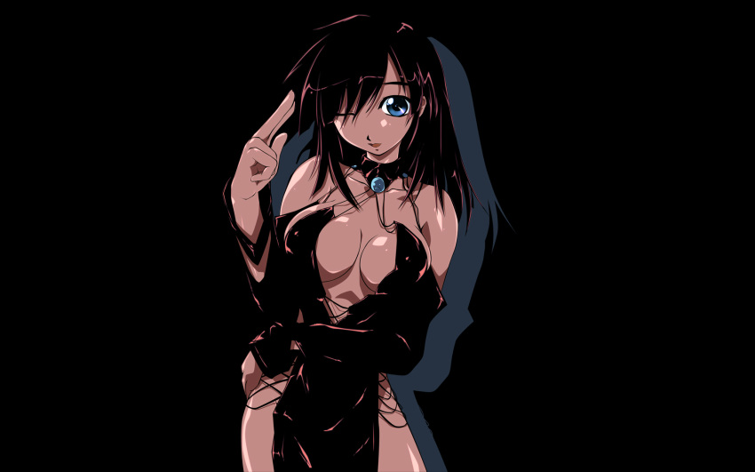 1920x1200 1girl 8:5 amei_sumeru black_dress black_hair blue_eyes breasts center_opening cleavage dress highres one_eye_closed original original_character pelvic_curtain solo wallpaper