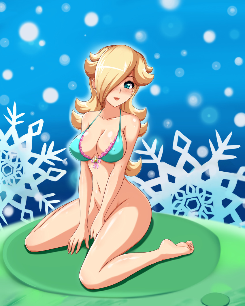 1girl alternate_hairstyle aqua_eyes barefoot between_legs bikini blonde_hair blue_eyes blush bottomless breasts cleavage feet frilled_bikini frills front-tie_bikini front-tie_top hair_over_one_eye hand_between_legs hands highres large_breasts long_hair looking_at_viewer navel nintendo open_mouth photoshop pussy rosetta_(mario) sigurd_hosenfeld sigurdhosenfeld sitting smile soles solo star super_mario_bros. super_mario_galaxy swimsuit toes uncensored v_arms wariza