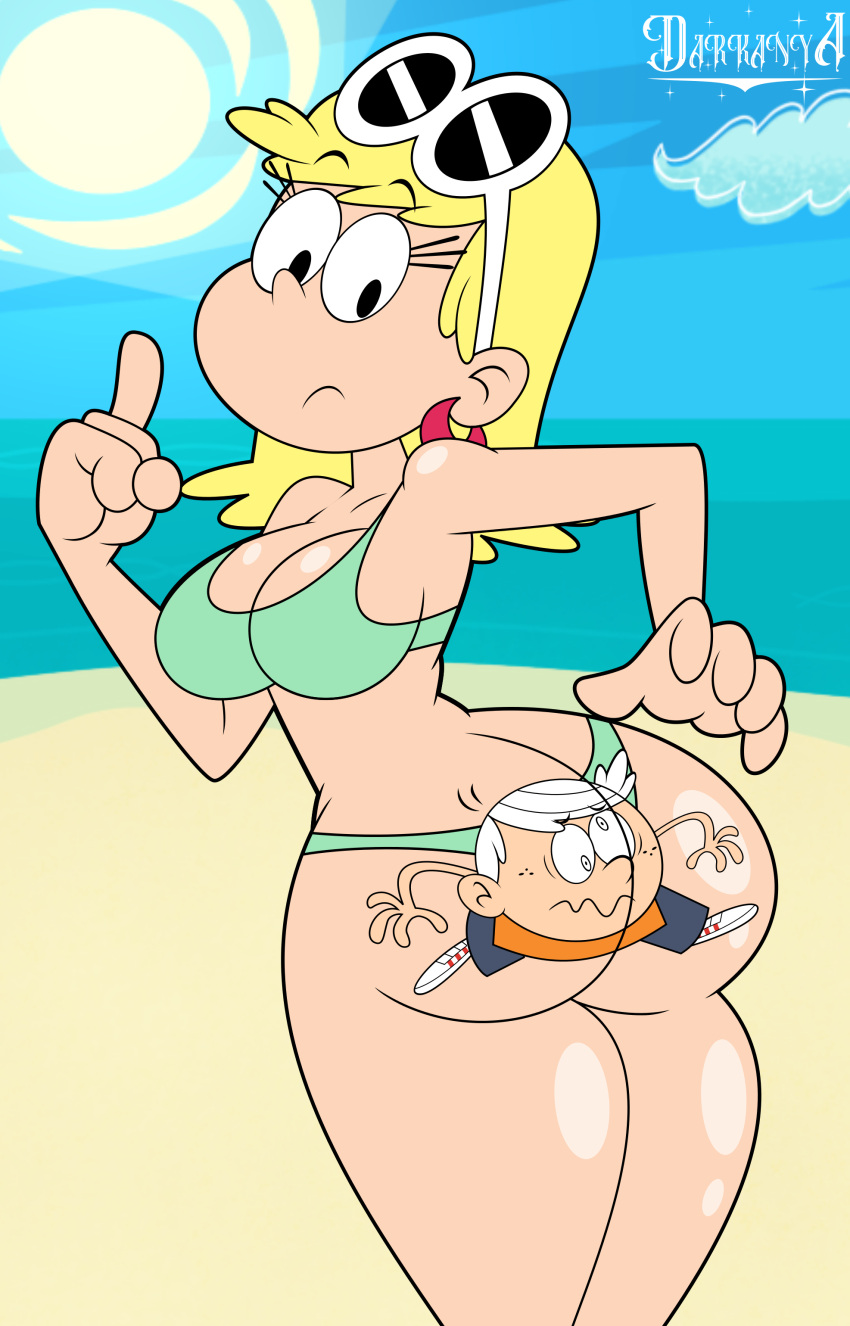 beach bikini blonde_hair butt_sticker darkdpx3 green_bikini leni_loud lincoln_loud looking_at_another looking_back looking_back_at_another the_loud_house