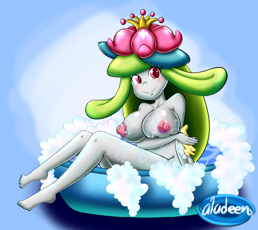 1_girl 1girl aladeen anthro anthro_pokemon bathing big_breasts breasts female female_anthro female_only female_pokemon green_hair lilligant long_hair looking_at_viewer nude pokemon solo