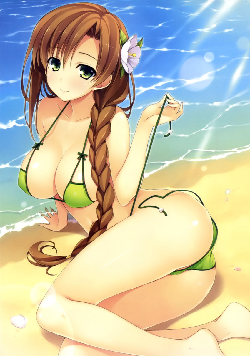 1girl arm_support ass bare_legs bare_shoulders beach big_breasts bikini braid breasts brown_hair cleavage flower green_bikini green_eyes hair_flower hair_ornament hair_over_shoulder high_res highres koikishi_purely_kiss kuninaka_kaori large_breasts lens_flare long_hair looking_at_viewer lying side-tie_bikini single_braid smile solo strap_gap swimsuit untied yuuki_hagure