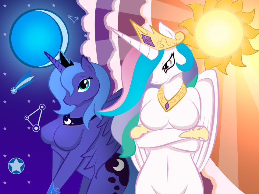 alicorn blue_eyes blue_hair breasts crown cutie_mark equine female female_only friendship_is_magic hair hasbro horse jewelry moon my_little_pony pegacorn pony princess_celestia princess_luna rainbow_hair red_eyes royalty siblings sisters standing star sun whitmaverick