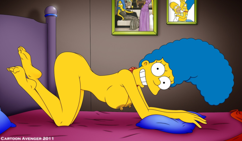 bed blue_hair cartoon_avenger marge_simpson nude pearls solo the_simpsons yellow_skin