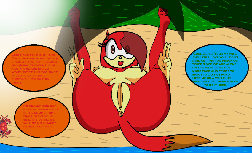 1girl 5_toes bangs barefoot beach breasts brown_eyes crab disco_the_hedgefox double_v edit fan_character female genie_the_hedgehog hedgefox hedgehog looking_at_viewer nude pussy red_fur red_hair sega shade sonic_(series) sonic_fan_character sonic_fancharacter sonic_oc sonicgalaxy27 speech_bubble tail toe_scrunch toes v violet_hair water