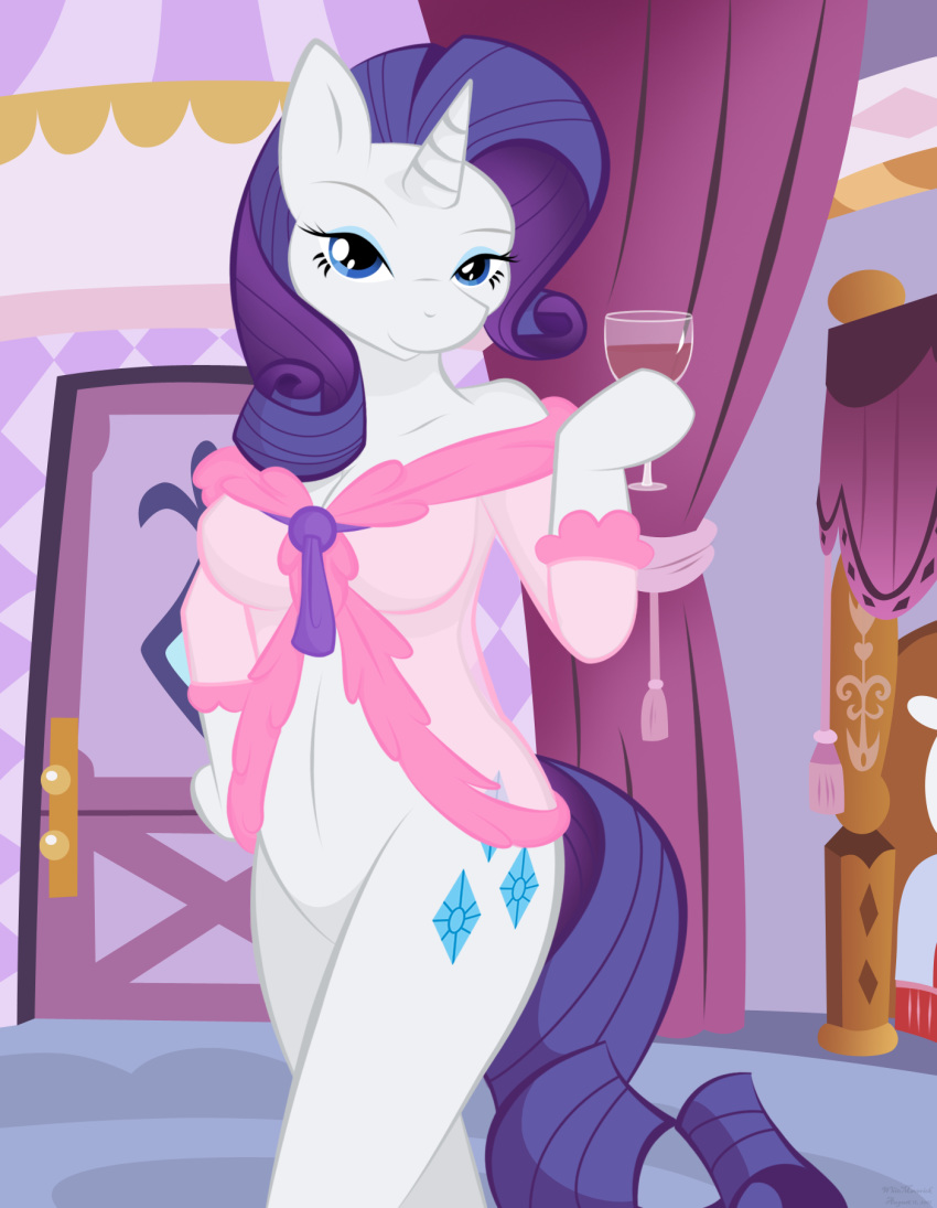 alcohol blue_eyes equine female female_only friendship_is_magic hasbro horn horse lingerie looking_at_viewer my_little_pony pony purple_hair rarity_(mlp) seductive skimpy standing whitmaverick wine