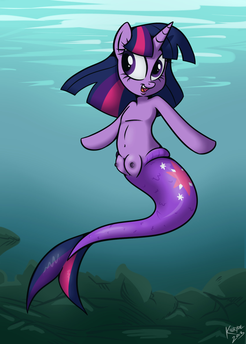 1girl 1girl 2013 animal_ears breast crotchboob crotchboobs friendship_is_magic furry hasbro horn horse_ears killryde long_hair mermaid multicolored_hair my_little_pony navel nipples open_mouth purple_eyes smile tail tail_fin topless twilight_sparkle underwater