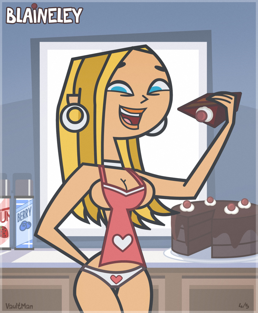 apron blaineley_(tdi) blonde_hair blue_eyes breasts cake_(food) chocolate_cake cleavage earrings food heart_print jewelry long_hair panties printed_panties slice_of_cake smile solo total_drama_island underwear vaultman white_panties