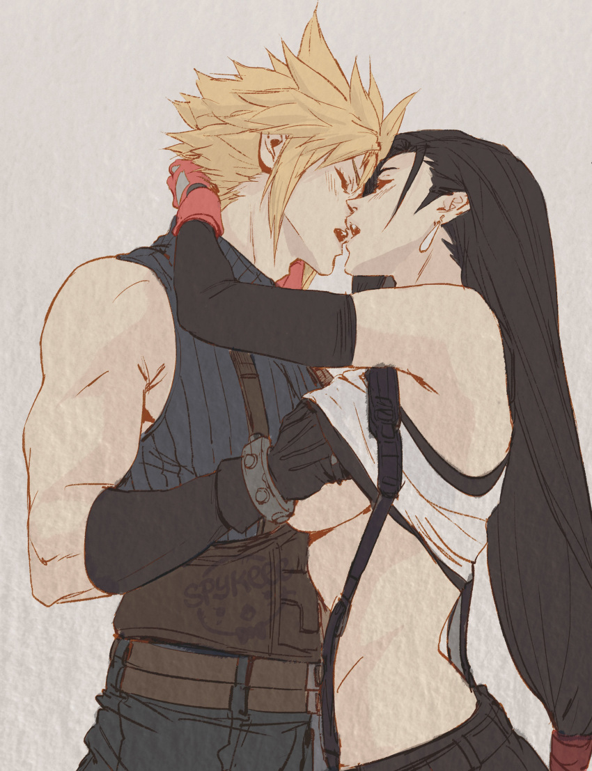 1boy 1girl bare_shoulders big_breasts black_hair blonde_hair blush breast_grab breasts closed_eyes cloud_strife couple duo earrings final_fantasy final_fantasy_vii hetero hugging incipient_kiss long_hair low-tied_long_hair open_mouth short_hair sleeveless spiked_hair spykeee square_enix standing tifa_lockhart very_long_hair