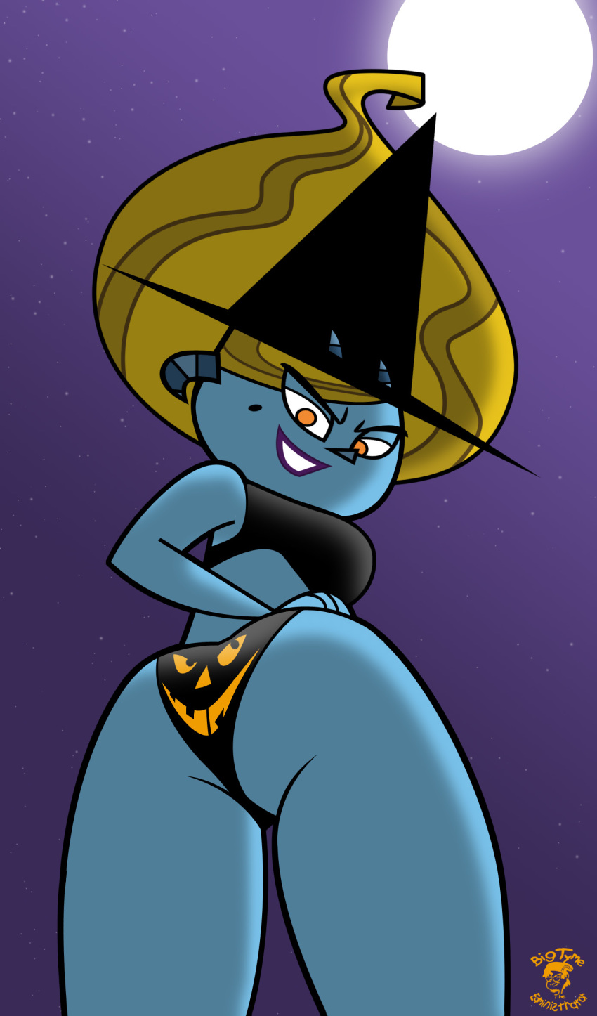 ass bigtyme bikini blonde_hair blue_skin disney halloween hat jack_o_lantern_print jez jimmy_two-shoes lipstick looking_back mole orange_eyes print_bikini pumpkin_print witch_hat