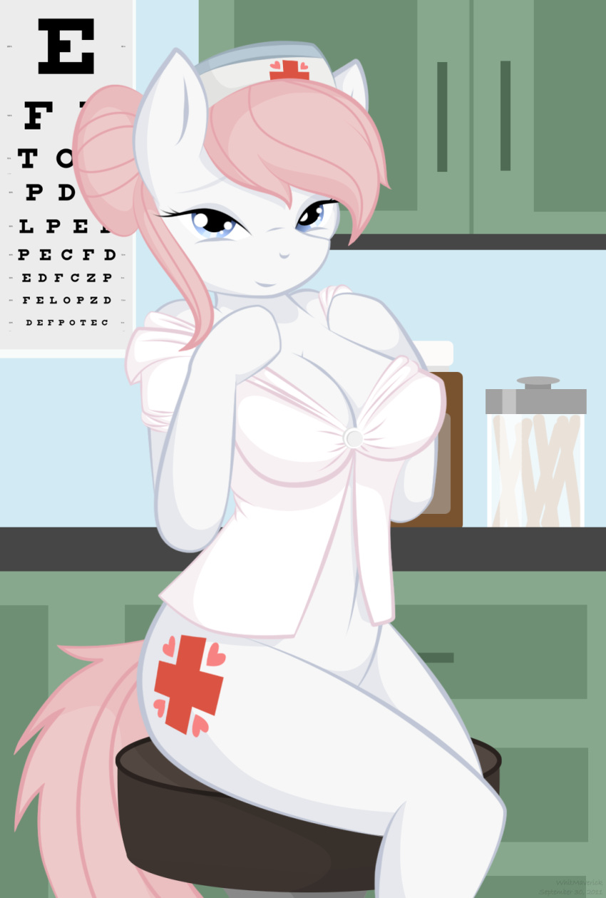 ass blue_eyes bottomless breast cutie_mark equine female female_only friendship_is_magic hat horse looking_at_viewer my_little_pony my_little_pony_generation_4 nurse nurse_redheart nurse_redheart_(mlp) pink_hair pony skimpy whitmaverick