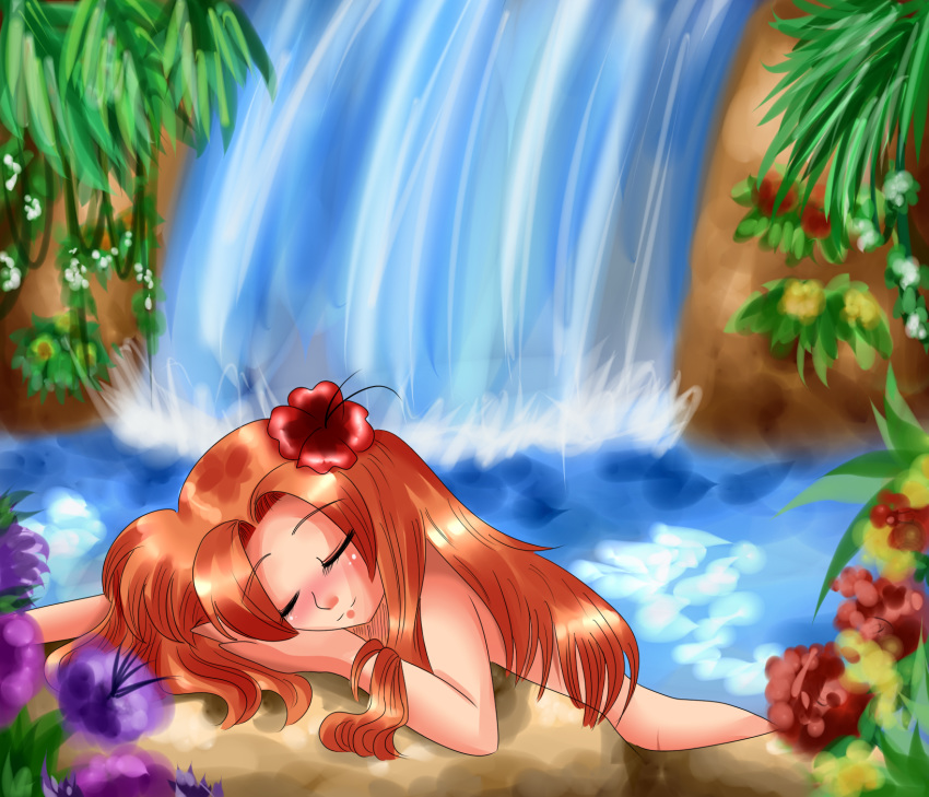 hair_flower link's_awakening marin_(legend_of_zelda) nintendo nude orange_hair pineapplelicious pineapplelicious_(artist) the_legend_of_zelda waterfall