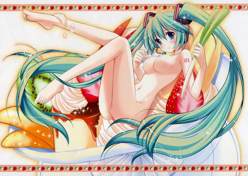 absurdres barefoot blue_eyes breasts feet food fruit green_hair hatsune_miku highres inugahora_an kiwifruit large_breasts leek long_hair miku_hatsune navel nipples nude pussy smile solo sparkle spring_onion strawberries strawberry twintails uncensored very_long_hair vocaloid whipped_cream