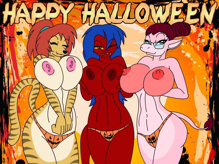 big_breasts bikini blue_eyes breasts cat cow erect_nipples furry glasses halloween jack_o_lantern_print long_hair marauder6272 nipples ponytail red_eyes reptile scalie sharkragon_(artist) thong yellow_eyes