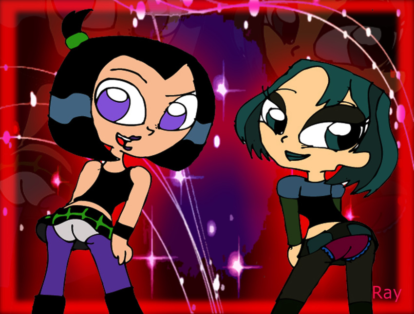 ass black_hair chibi crossover danny_phantom goth goth_girl gwen_(tdi) lipstick looking_back multicolored_hair panties pantyhose ponytail rayryan_(artist) samantha_manson short_hair total_drama_island upskirt