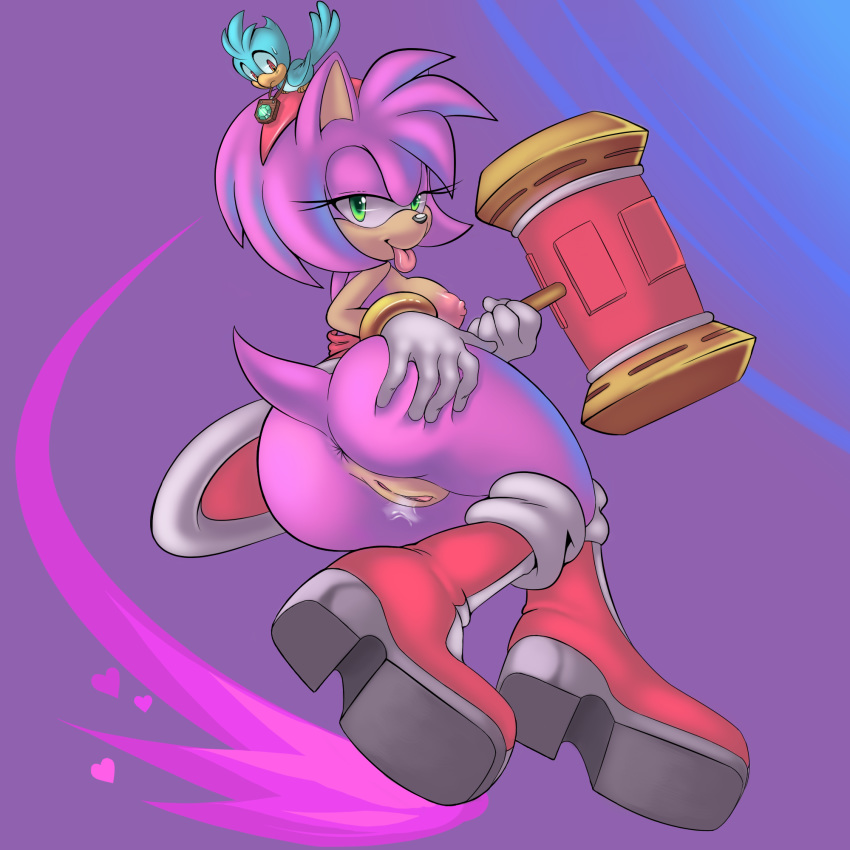 1_anthro 1_female 1girl absurd_res amy_rose anthro anus ass avian big_ass bird boots bottomless bracelet breasts cum duo female female_anthro furry gloves green_eyes hairband hammer heart hedgehog highres jewelry looking_at_viewer looking_back mallet necklace nipples no_panties piko_piko_hammer pink plump_labia pussy sega short_hair short_tail sif sif_(artist) smile sonic_(series) sweat_drop tail tongue tongue_out topless upskirt