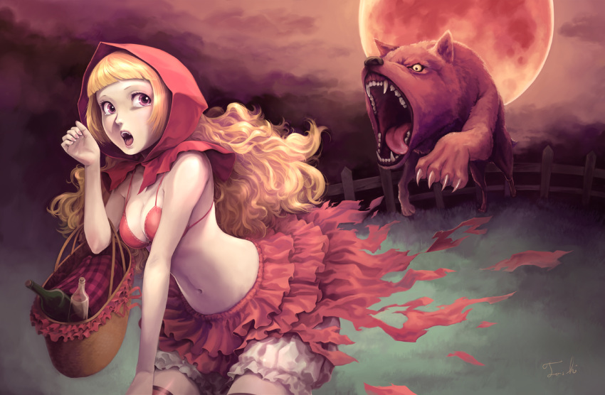 1girl basket big_bad_wolf big_bad_wolf_(grimm) bikini bikini_top blonde_hair bloomers breasts cleavage face fang frills grimm's_fairy_tales high_res highres hood little_red_riding_hood little_red_riding_hood_(character) little_red_riding_hood_(grimm) long_hair moon navel red_eyes red_moon skirt solo swimsuit tears thigh_highs toshi toshi_(tsujigiri_style) toshi_punk underwear wolf you_gonna_get_eaten you_gonna_get_raped