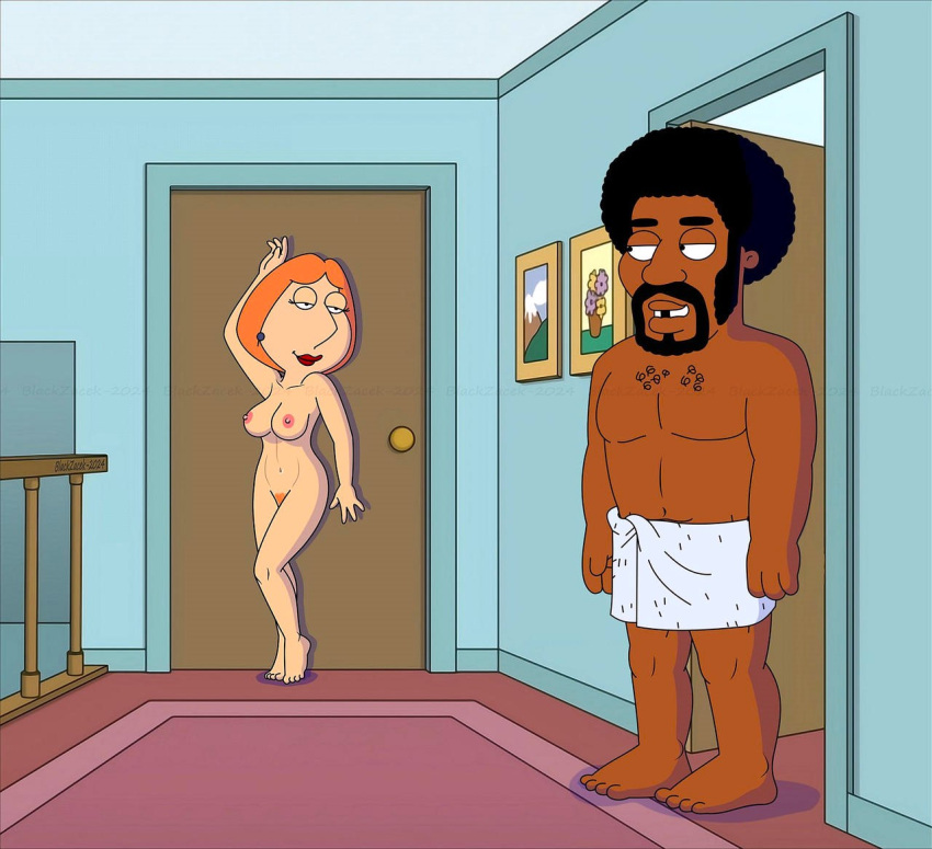 blackzacek breasts cheating_wife dark-skinned_male erect_nipples family_guy lois_griffin nude pubic_hair pussy tempting thighs towel_around_waist