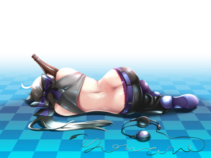 1girl ahoge alcohol ass back bottle butt_crack caffein checkered checkered_floor curvy dimples_of_venus downpants floor haku_yowane headphones highres long_hair lying midriff on_side panties perspective ponytail purple_panties silver_hair solo underwear vocaloid voyakiloid wallpaper yowane_haku