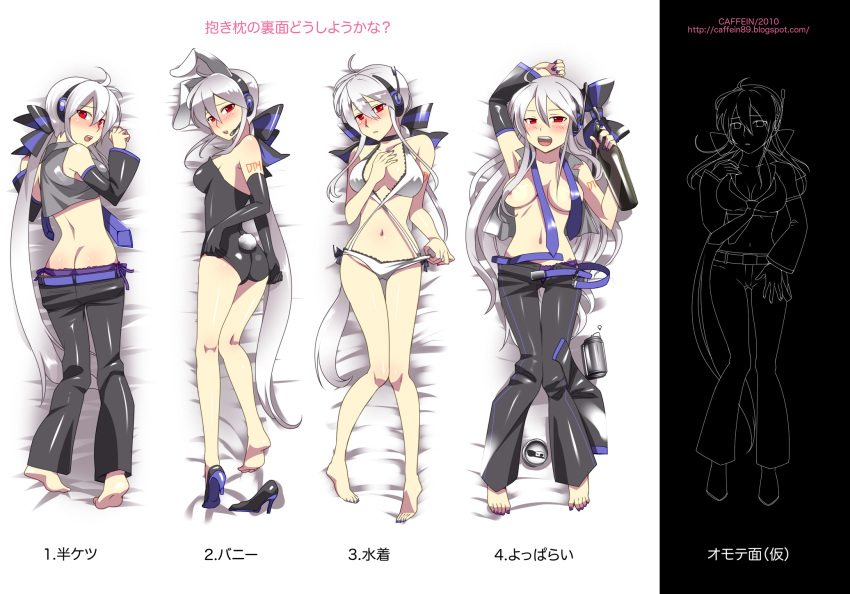 1girl animal_ears areola areolae ass bare_legs barefoot blush bottle breasts bunny_ears bunny_tail bunnysuit butt_crack caffein can dakimakura drunk grey_hair haku_yowane highres kneepits large_breasts legs long_hair lying midriff multiple_views nail_polish navel necktie on_back on_stomach open_clothes open_shirt panties ponytail purple_nails red_eyes shirt silver_hair single_shoe swimsuit tail toenail_polish translated vocaloid voyakiloid yowane_haku