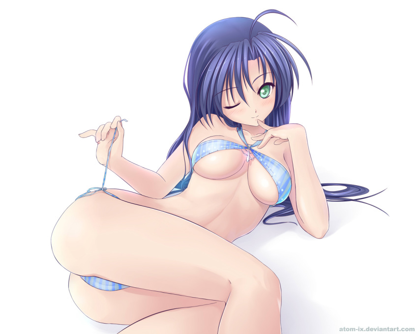 1girl ahoge atom-ix_(artist) atomix bikini blue_hair breasts criss-cross_halter finger_to_mouth green_eyes halter_top halterneck long_hair looking_at_viewer lying on_side one_eye_closed original purple_hair side-tie_bikini simple_background smile solo swimsuit underboob undressing untying white_background wink