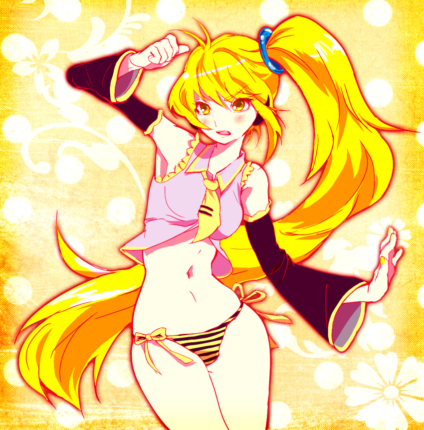 1girl akita_neru blonde_hair chibi detached_sleeves highres long_hair mikoyan_g navel necktie neru_akita panties ponytail side-tie_panties side_ponytail solo striped striped_panties underwear very_long_hair vocaloid yellow_eyes yellow_necktie