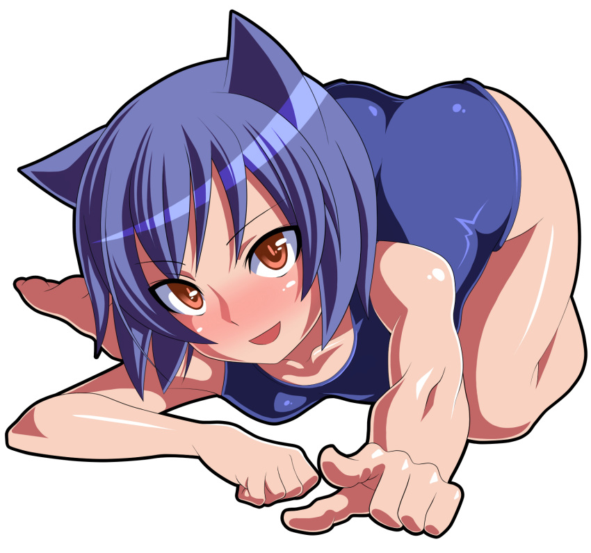 animal_ears aq_interactive arcana_heart atlus barefoot blue_hair cat_ears daidouji_kira examu face feet foreshortening hands highres one-piece_swimsuit orochi_itto pointing school_swimsuit swimsuit