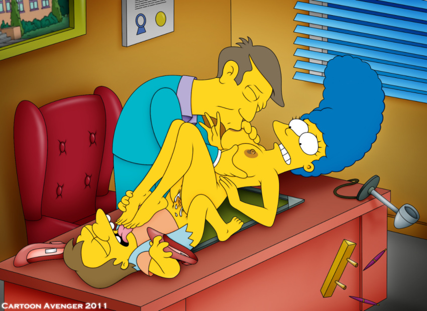 cartoon_avenger desk feet foot_fetish lick marge_simpson nelson_muntz school seymour_skinner shoes_removed suck the_simpsons threesome vaginal yellow_skin