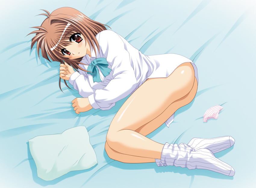 bed blush bow bowtie dress_shirt footwear hentai kawai_rie lovers_(game) no_panties panties pillow shirt socks underwear undressing