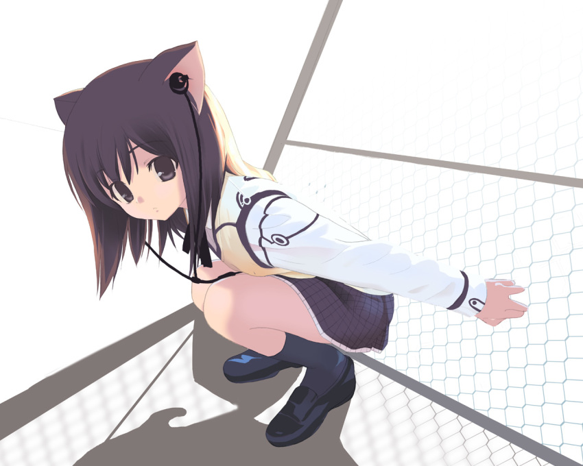 animal_ears brown_eyes brown_hair cat_ears catgirl chain-link_fence digital_media_player earbuds earphones fence footwear headphones hentai houmitsu mp3_player music school_uniform seifuku serafuku skirt sleeveless_sweater socks source_request sweater sweater_vest vest vip_quality