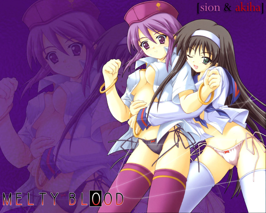 2girls akimoto_dai black_hair black_panties blouse bottomless bow bow_panties bracelet green_eyes hairband hat hentai hug hug_from_behind hugging jewelry melty_blood multiple_girls no_bra no_pants one_eye_closed open_clothes open_shirt panties pink_panties purple_eyes purple_hair purple_legwear purple_thighhighs shingetsutan_tsukihime shirt side-tie_panties sion_eltnam_atlasia thighhighs tohno_akiha toono_akiha tsukihime type-moon underwear wallpaper white_legwear white_thighhighs wink yuri zoom_layer