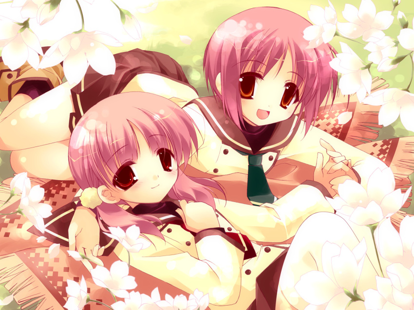 2girls akino_momiji blush cherry_blossoms flower hand_holding hand_on_own_chest hentai highres kiriyama_sakura long_hair looking_at_viewer lying minazuki_haruka miniskirt multiple_girls necktie outdoors petals pink_hair red_eyes sakura_musubi school_uniform seifuku serafuku short_hair skirt smile twintails wallpaper