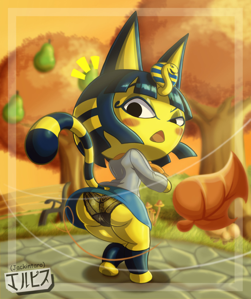 animal_crossing ankha_(animal_crossing) anthro ass cat egyptian fall furry jackintaro lingerie pantyshot