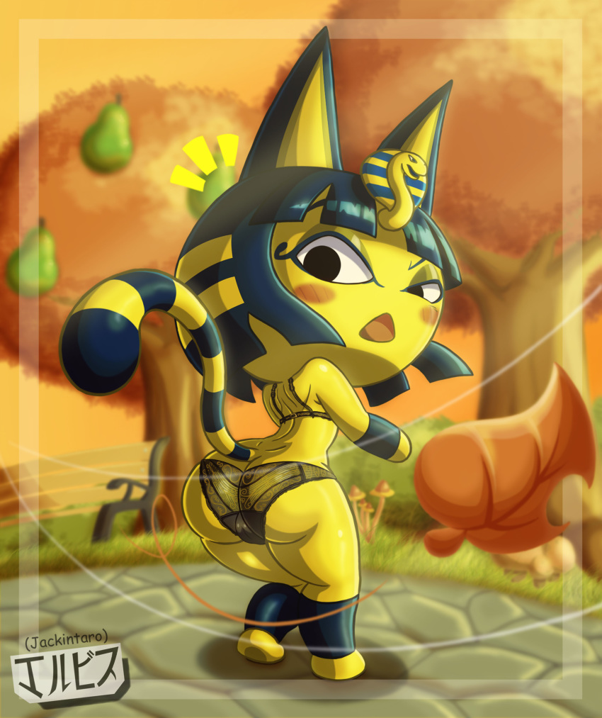 animal_crossing ankha_(animal_crossing) anthro ass cat egyptian fall furry jackintaro lingerie pantyshot