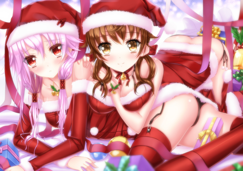 2girls ass bad_id bare_shoulders bell between_breasts black_panties blush breasts brown_eyes brown_hair choker christmas cleavage detached_sleeves garter_straps gift guilty_crown hair hat headgear high_res highres holly long_hair looking_at_viewer menjou_hare multiple_girls no_panties ornament panties pink_hair red_eyes red_legwear santa_costume santa_hat side-tie_panties sleeveless smile stockings swordsouls thighhighs twin_tails twintails underwear yuzuriha_inori