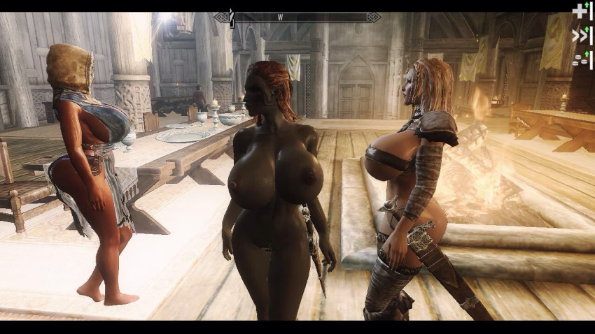 3_girls 3d ass big_ass big_breasts breasts dark_elf fuckable huge_breasts human insanely_hot irileth lydia mod multiple_girls nipples nude skyrim