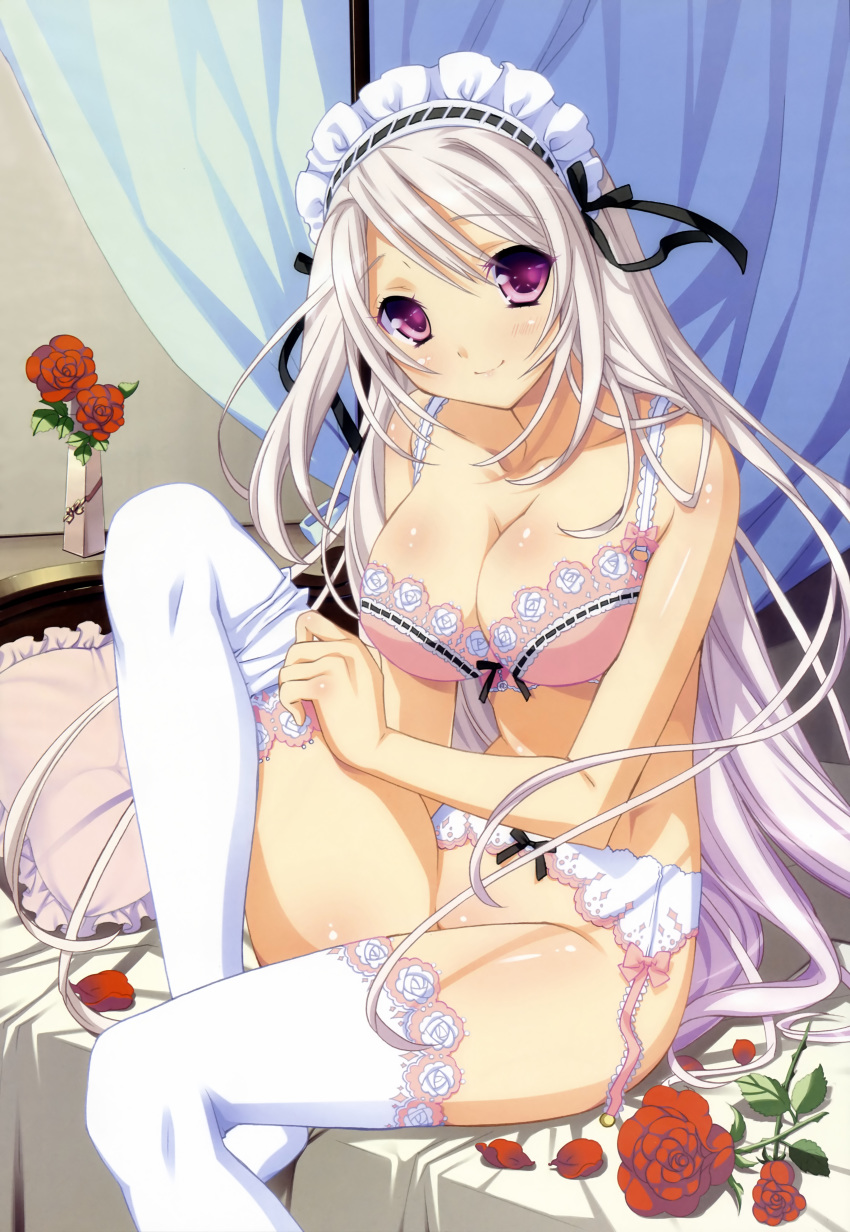 1girl absurd_res absurdres adjusting_clothes adjusting_legwear adjusting_thighhigh big_breasts bottomless bra breasts cleavage dressing garter_belt high_res highres kamiya_maneki large_breasts lingerie long_hair looking_at_viewer maid_headdress no_panties noblesse_oblige purple_eyes scan sitting smile solo stockings tenkawa_yuria thighhighs underwear underwear_only white_hair