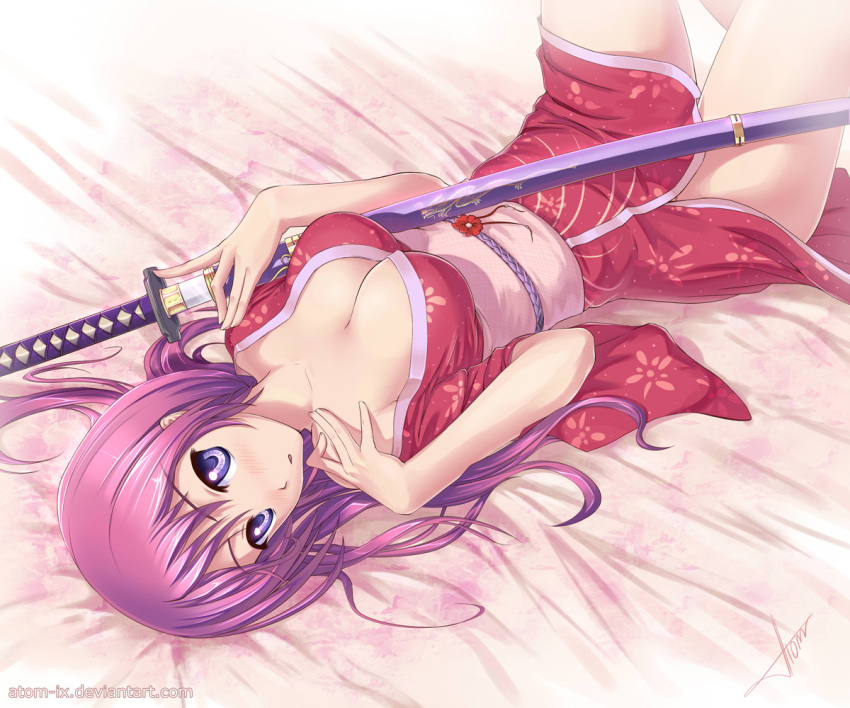 1girl atom-ix_(artist) atomix bare_shoulders bed blush breasts cleavage japanese_clothes katana kimono large_breasts laying long_hair lying naomi_(atomix) on_back original purple_eyes purple_hair sheath solo sword unsheathing violet_eyes weapon