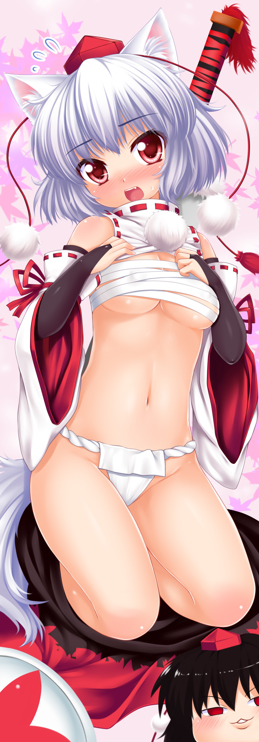 2girls absurd_res absurdres animal_ears aya_shameimaru blush breasts bridal_gauntlets budget_sarashi detached_sleeves fang female fundoshi hair hat headgear high_res highres inubashiri_momiji kimeemaru langlong long_image momiji_inubashiri multiple_girls navel ookami_ryuu open_mouth red_eyes sarashi shameimaru_aya shield shirt_lift short_hair silver_hair skirt skirt_down sword tail tall_image tokin_hat touhou weapon white_hair wolf_ears wolf_tail