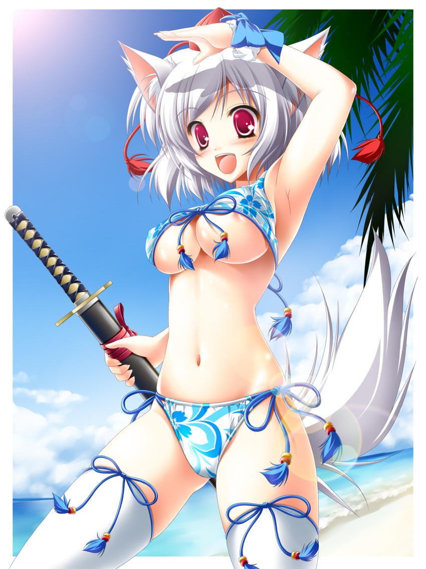 1girl animal_ears areola areola_slip areolae armpits ayastyle beach bikini blush breasts cloud female floral_print front-tie_top hat high_res highres inubashiri_momiji kamiya_tomoe lens_flare momiji_inubashiri navel red_eyes ribbon shading_eyes sheath sheathed side-tie_bikini sky solo stockings swimsuit sword tail tassel thigh-highs thighhighs tokin_hat touhou underboob wardrobe_error weapon white_hair white_legwear wolf_ears wolf_tail wrist_cuffs