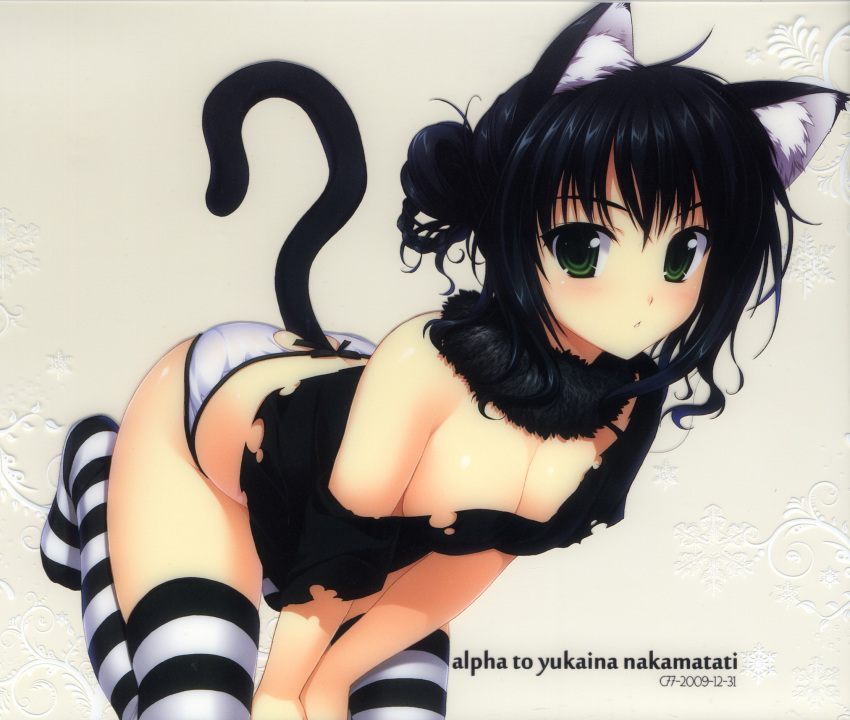 1girl all_fours alpha_(artist) alpha_(yukai_na_nakamatachi) animal_ears ass ass_cutout bare_shoulders bent_over black_hair blush braid breasts cat_ears cat_tail cleavage female green_eyes hair_bun high_res highres long_hair looking_at_viewer open_mouth original panties short_hair simple_background smile solo stockings striped striped_legwear striped_thighhighs tail thigh-highs thighhighs underwear white_panties