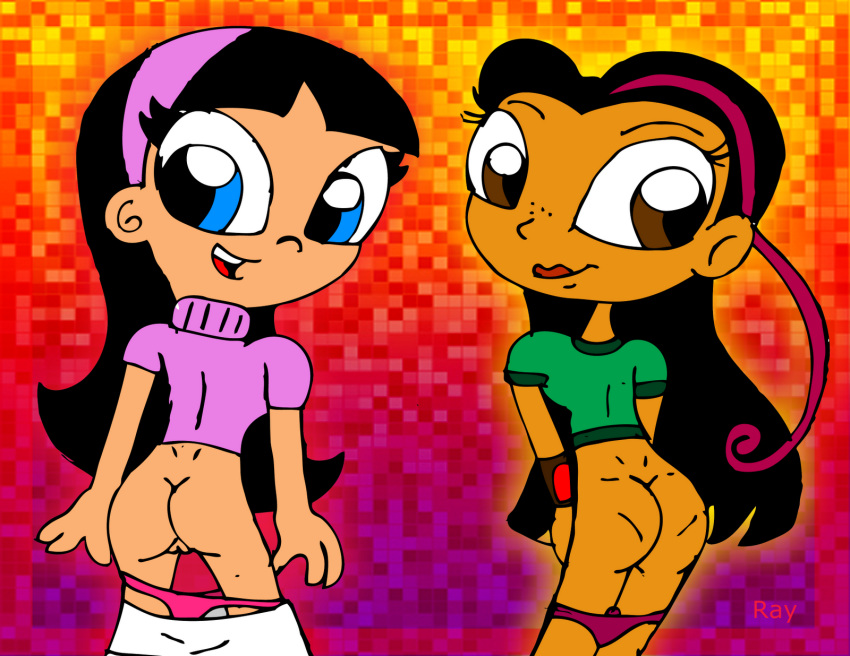 black_hair blue_eyes bottomless bracelet brown_eyes crossover freckles hairband jewelry juniper_lee lipstick long_hair looking_back mooning multicolored_hair panties panties_around_legs pink_panties purple_panties rayryan_(artist) skirt_down smile the_fairly_oddparents the_life_and_times_of_juniper_lee trixie_tang underwear