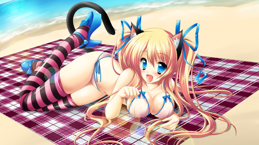 1girl animal_ears beach bikini blonde_hair blue_eyes blush bow breasts cat_ears cat_pose cat_tail catgirl cleavage hair_ribbon high_heels high_res highres kamiya_tomoe kemonomimi_mode legs lens_flare long_hair ocean original paw_pose pink_legwear ribbon shoes side-tie_bikini solo stockings string_bikini striped striped_legwear striped_thighhighs swimsuit tail thigh-highs thighhighs twin_tails twintails wallpaper