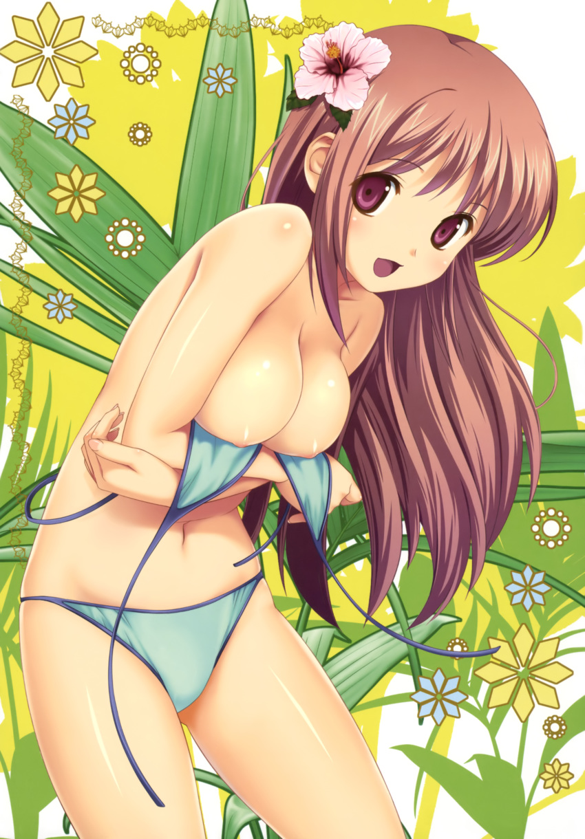 1girl :d absurd_res absurdres areola areolae bare_legs bare_shoulders bikini breast_hold breasts cleavage face flower hair_flower hair_ornament hibiscus high_res highres koutaro long_hair looking_at_viewer navel nijiiro_zakura open_mouth original purple_eyes red_hair shiny shiny_skin slender_waist smile solo swimsuit wardrobe_malfunction