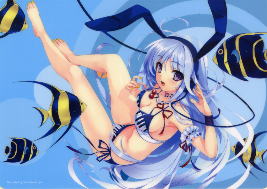 1girl :d animal_ears bare_legs barefoot bikini blue_eyes blue_hair breasts bunny_ears choker cleavage fake_animal_ears feet fish headphones high_res highres kuroya_shinobu legs long_hair looking_at_viewer musical_note nail_polish open_mouth original piano_keys print_bikini scan side-tie_bikini smile solo swimsuit toenail_polish toes wristband