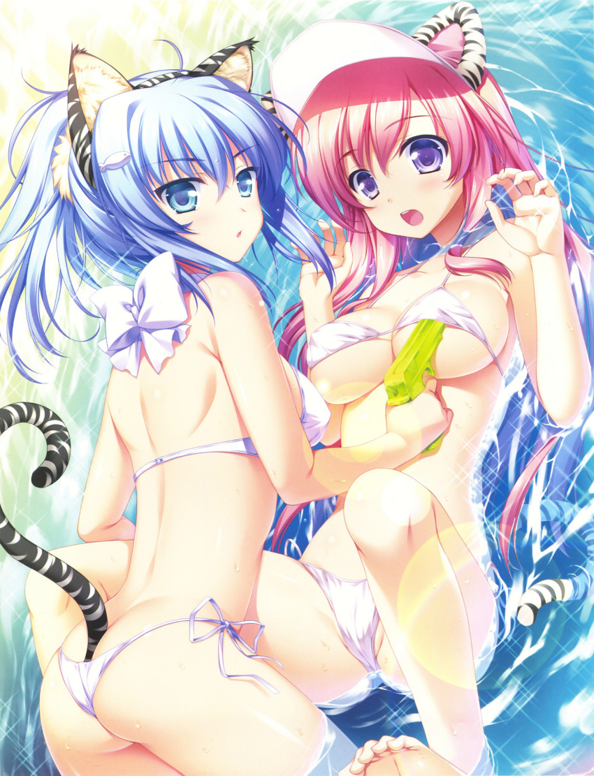 2girls absurd_res absurdres alpha_(artist) alpha_(yukai_na_nakamatachi) animal_ears ass back bare_legs bare_shoulders barefoot bikini blue_eyes blue_hair bow breasts cat_ears cat_tail hair halterneck high_res highres lens_flare multiple_girls open_mouth original pink_hair ponytail purple_eyes side-tie_bikini sparkle swimsuit tail tiger_ears tiger_tail toranoana underboob water water_gun white_bikini white_swimsuit