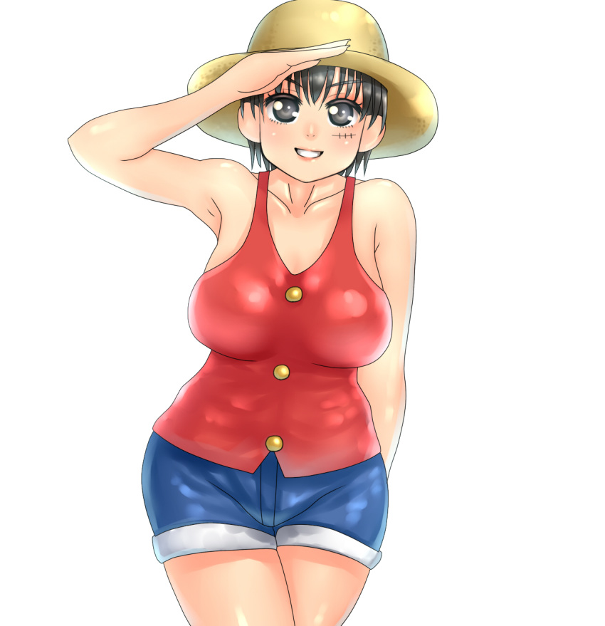 big_breasts breasts genderswap luffyko monkey_d._luffy one_piece smile